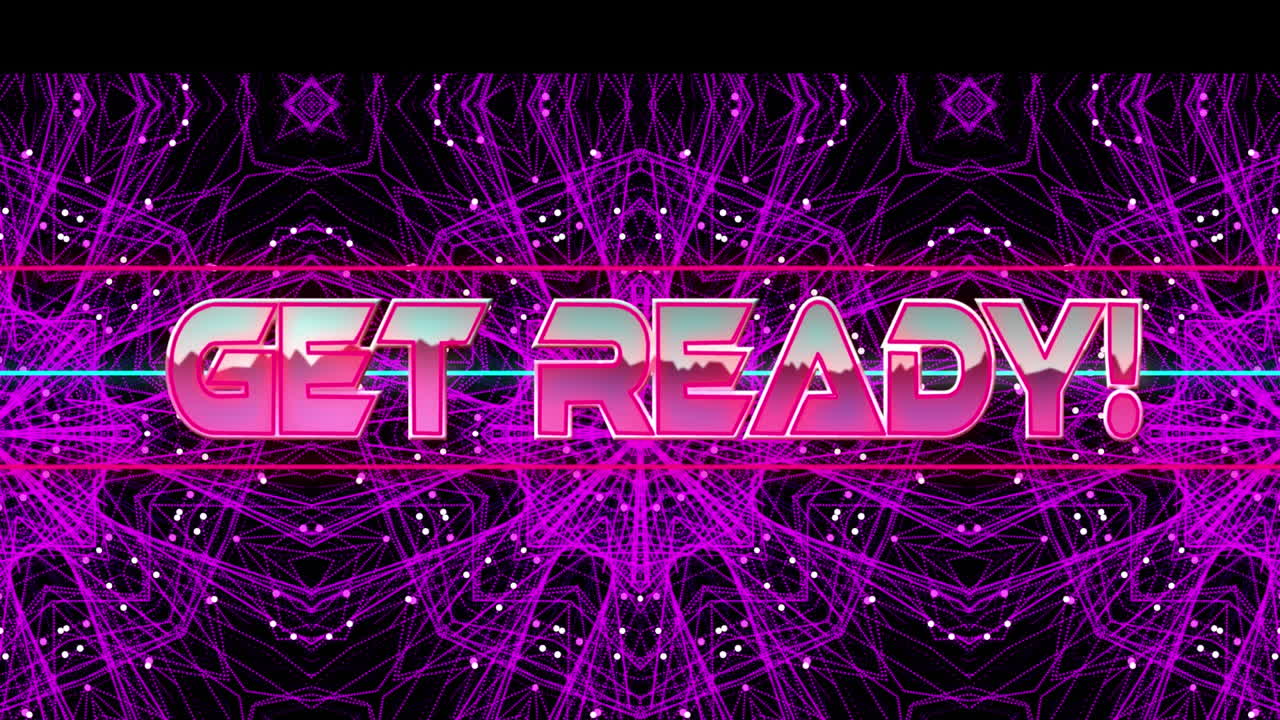 검은 바탕에 보라색 카레이도스코프 모양 위에 준비 텍스트의 애니메이션