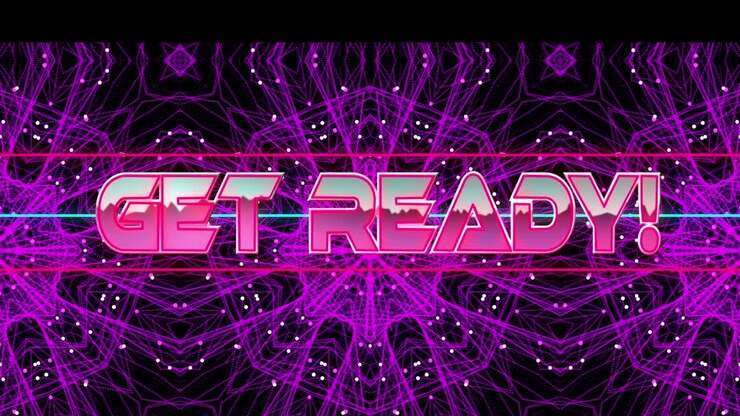Animation of get ready text over purple kaleidoscopic shapes on black background
