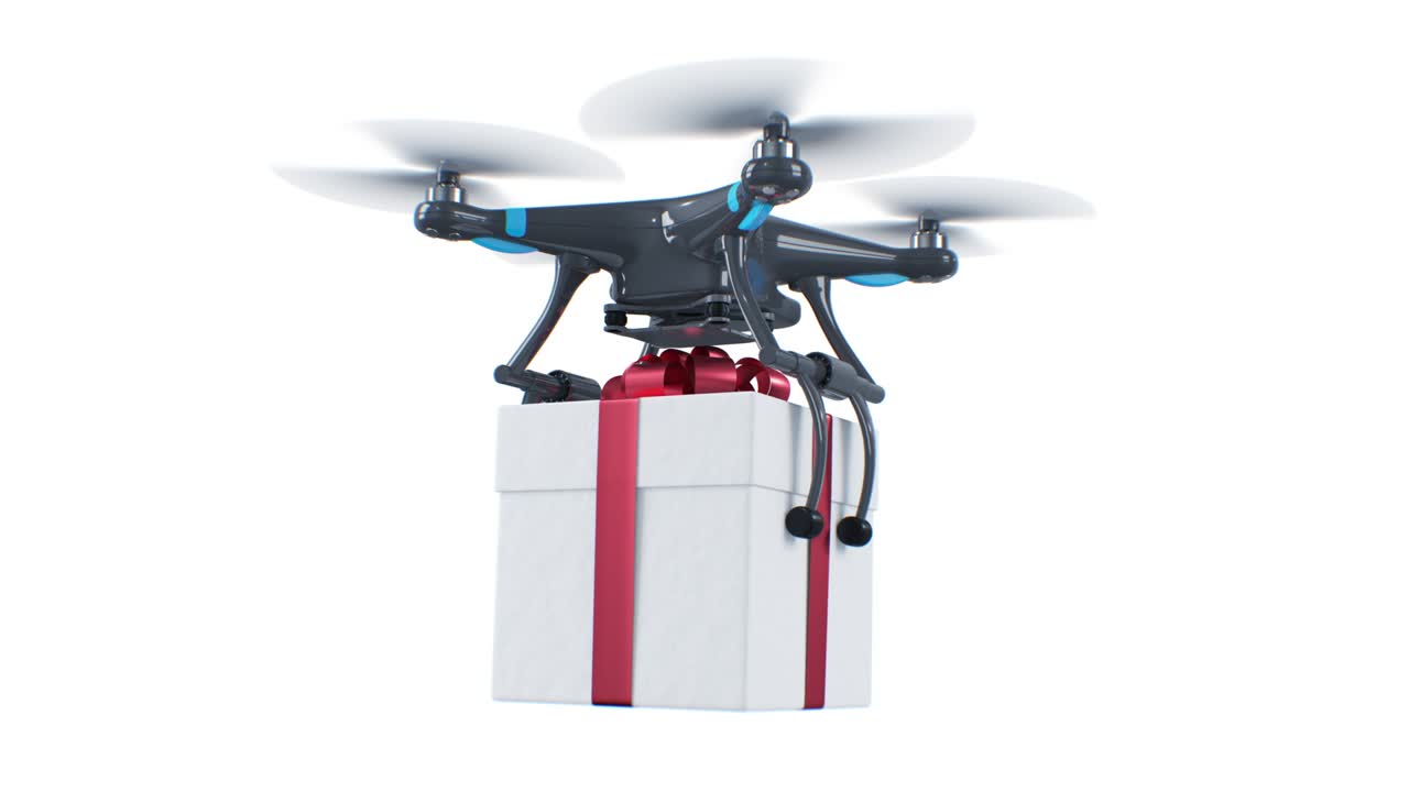 helicóptero transportando una caja de regalos en fondo blanco, cielo y pantalla verde sin problemas. animación en 3d en bucle de quadcopter entregando un paquete. concepto de vacaciones y entrega.