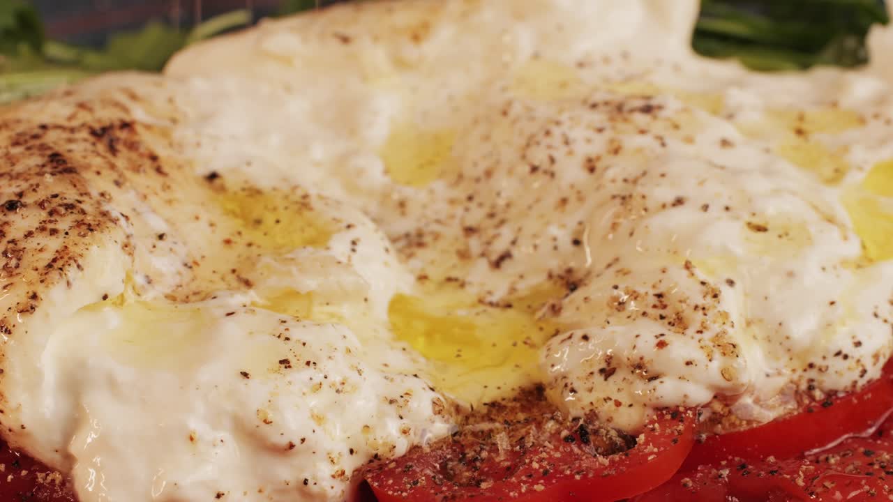 Close-up of a delicious pizza dish with cheese and tomato