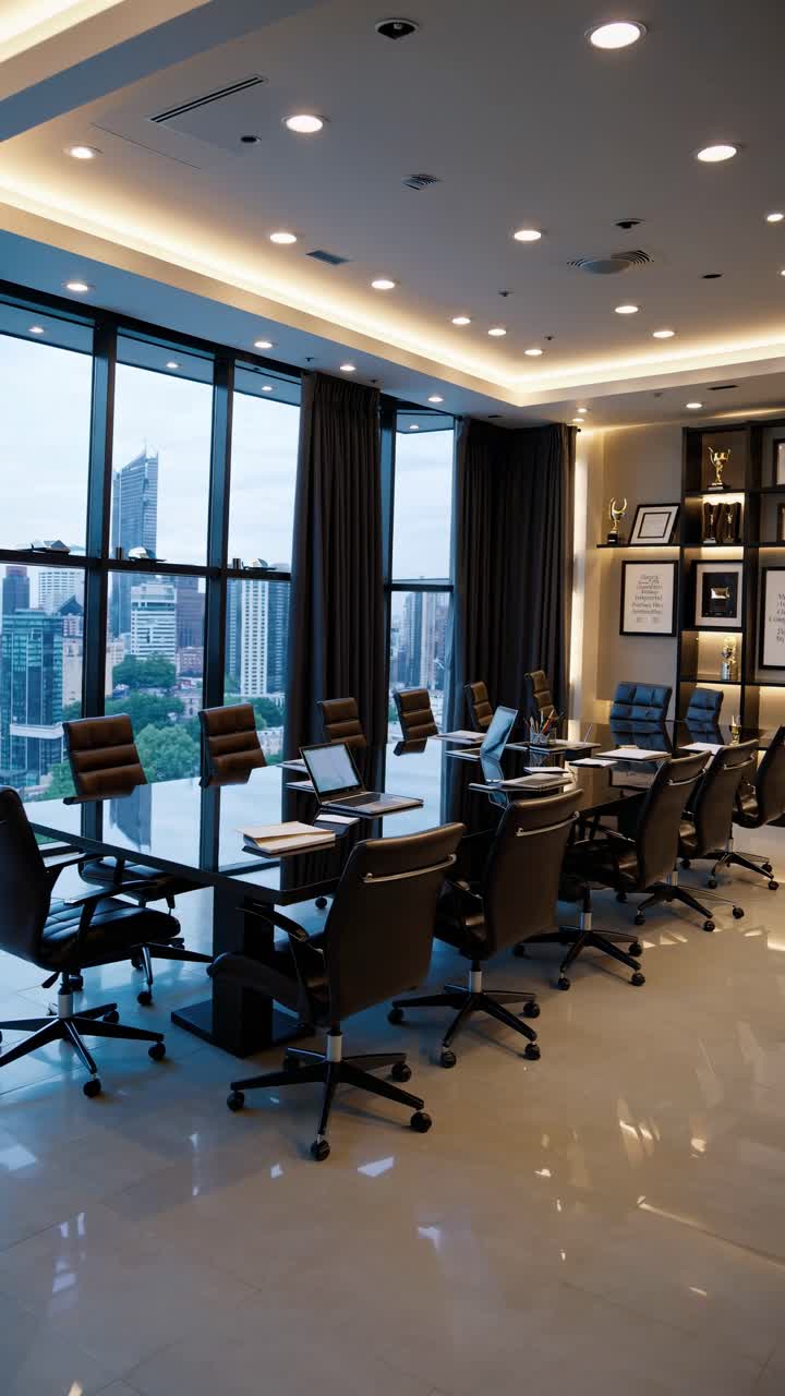 Large windows offer panoramic views of a modern city in an empty conference room. Featuring a sleek table. Comfortable chairs. Laptops. And documents. Creating a professional and inspiring workspace