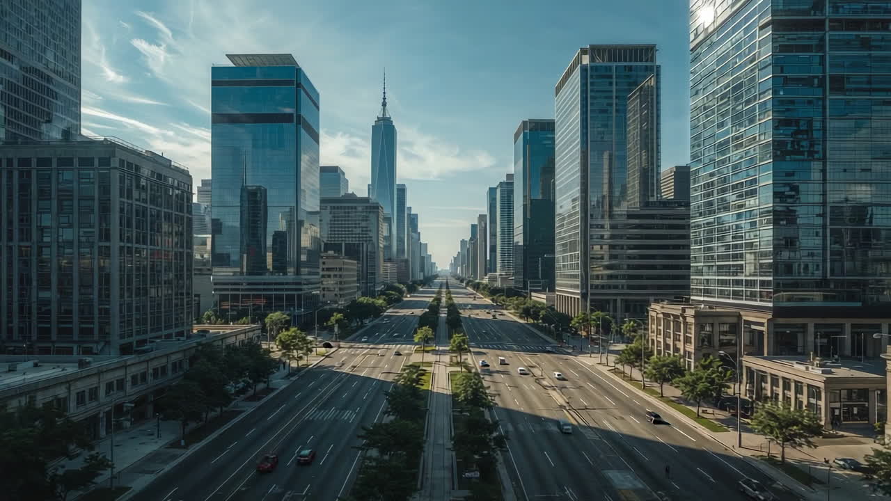 Panoramic View of a Modern City Street with Skyscrapers