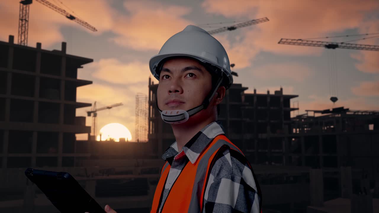 Close Up Side View Of Asian Male Engineer With Safety Helmet Looking At The Tablet In His Hand And Looking Around While Standing At Building & Construction Site in Progress to New House