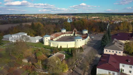 aerial view to round yard in trostyanets, ukraine