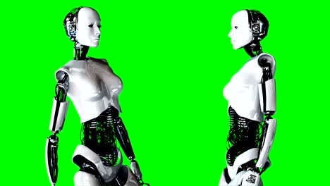el robot humanoide femenino futurista está ocioso. movimiento y reflejos realistas. imágenes de pantalla verde 4k.
