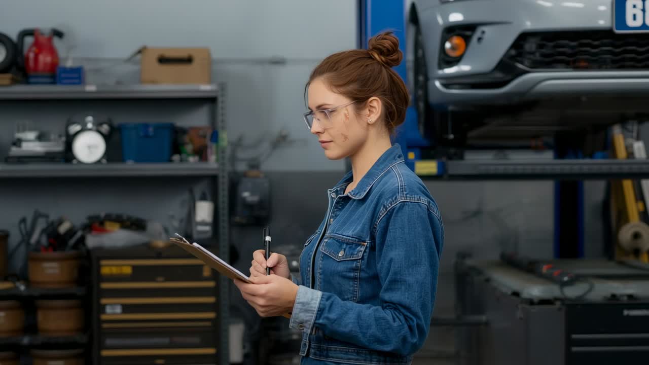 Technician in denim jacket scrolling checklist noting results in garage after vehicle lift raising