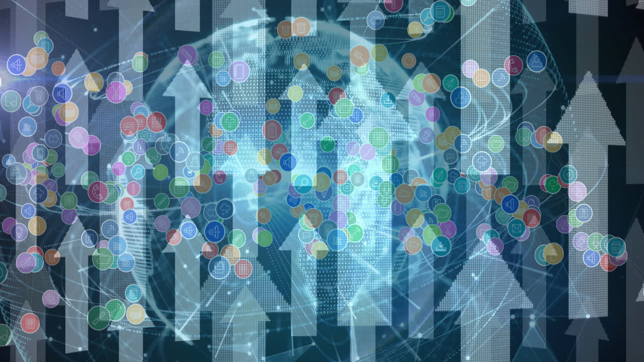 전 세계에 있는 디지털 아이콘과 화살표의 애니메이션과 배경의 연결 네트워크