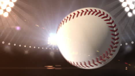Eine-3D-Darstellung-Eines-Baseballs,-Der-Mit-Stadionlichtern-Im-Hintergrund-Beschleunigt-Ins-Blickfeld-Kommt