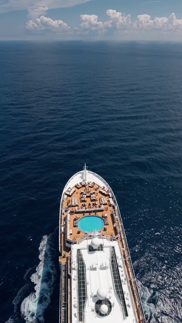 Aerial view of a luxury cruise ship sailing through calm blue waters, showcasing a pool deck