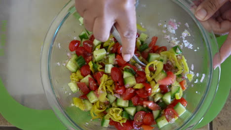 mixing together the wet ingredients: tomatoes, pickled peppers, olive oil, vinegar, cucumbers and shallots for a chopped salad - antipasto salad series