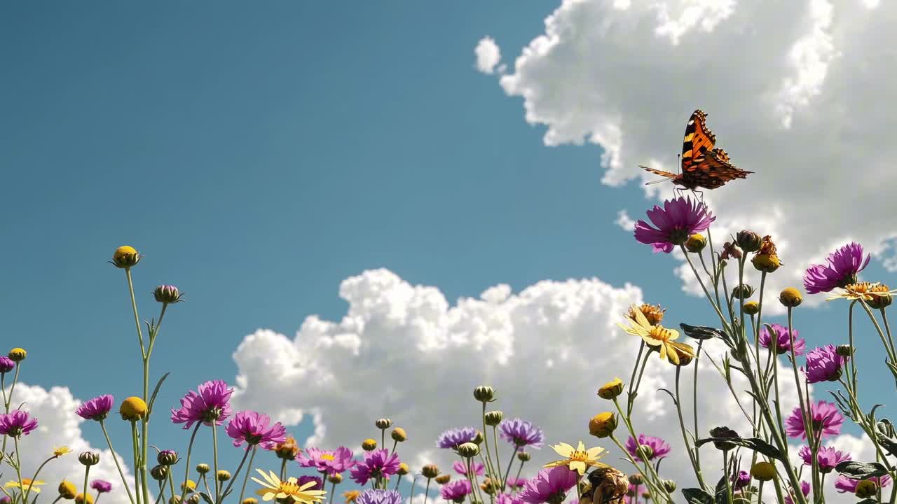 Video grandangolare dal basso di vivaci fiori di campo e una farfalla su un cielo blu brillante con nuvole soffici