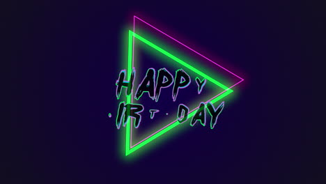 colorful neon birthday sign in green and purple letters on dark blue background