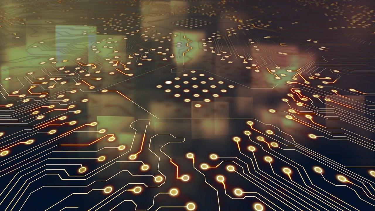 Microprocessor connections over abstract square shapes against brown background