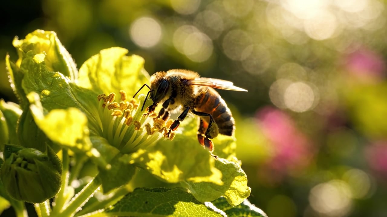 Eine Nahaufnahme-Reise durch die Natur: Eine Biene bestäubt eine leuchtende Blume und fängt die komplexe Beziehung zwischen Insekten und Blüten unter sanftem Sonnenlicht ein