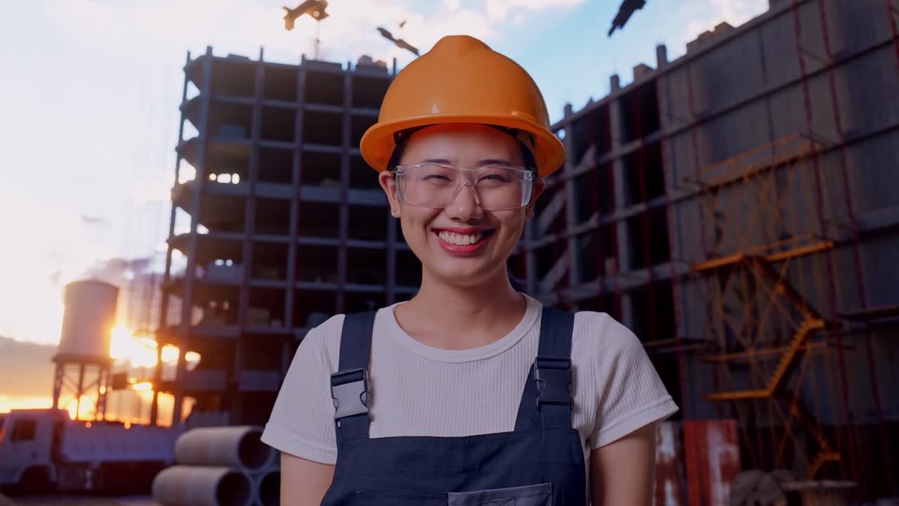 Close Up Of Asian Woman Worker Wearing Goggles And Safety Helmet Standing And Smiling To Camera At Construction Site