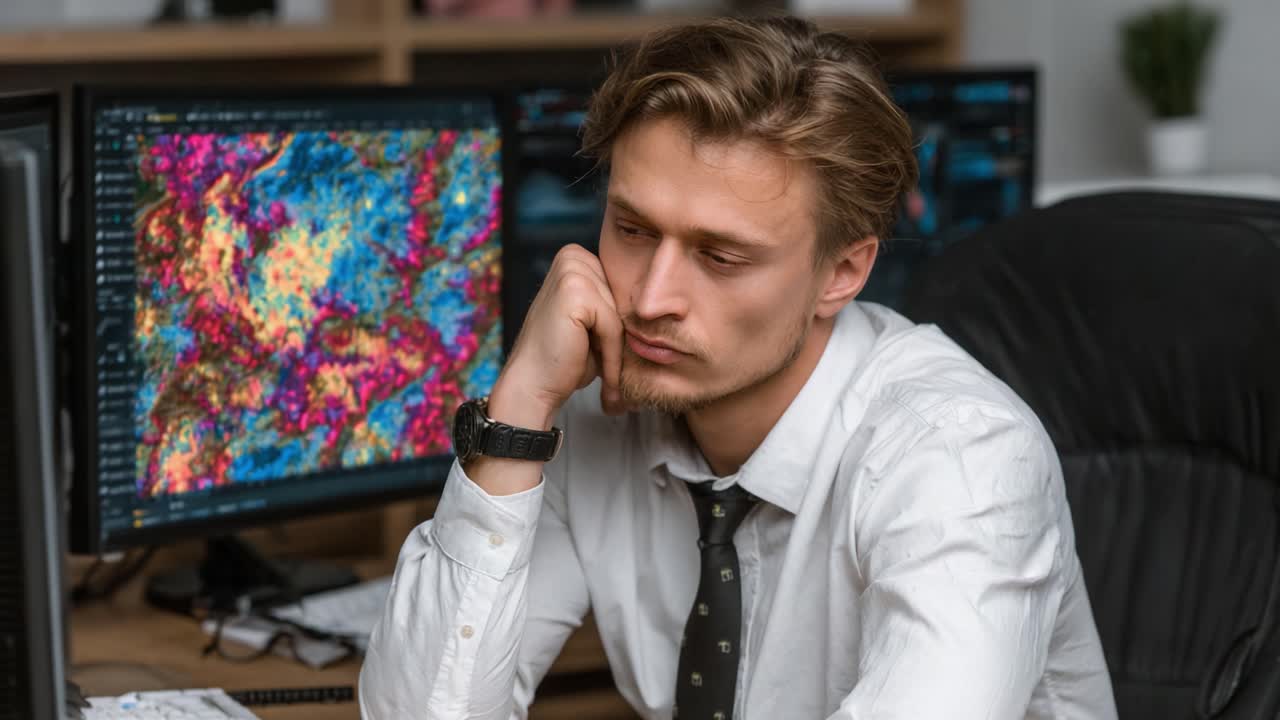 A Pensive Young Man in a Professional Setting, Engaged in Deep Thought While Analyzing Colorful Data Visualizations on Computer Screens