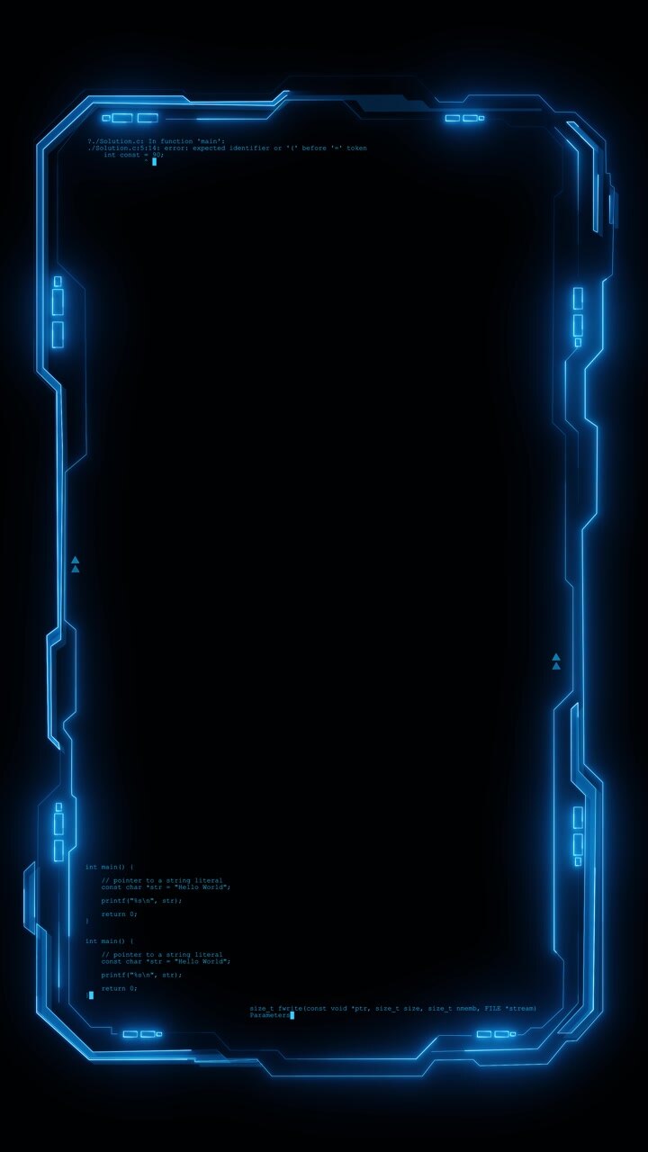 Cornice di interfaccia futuristica con bordo al neon, dettagli di codifica, centro vuoto, stile schermo sci-tech cyber