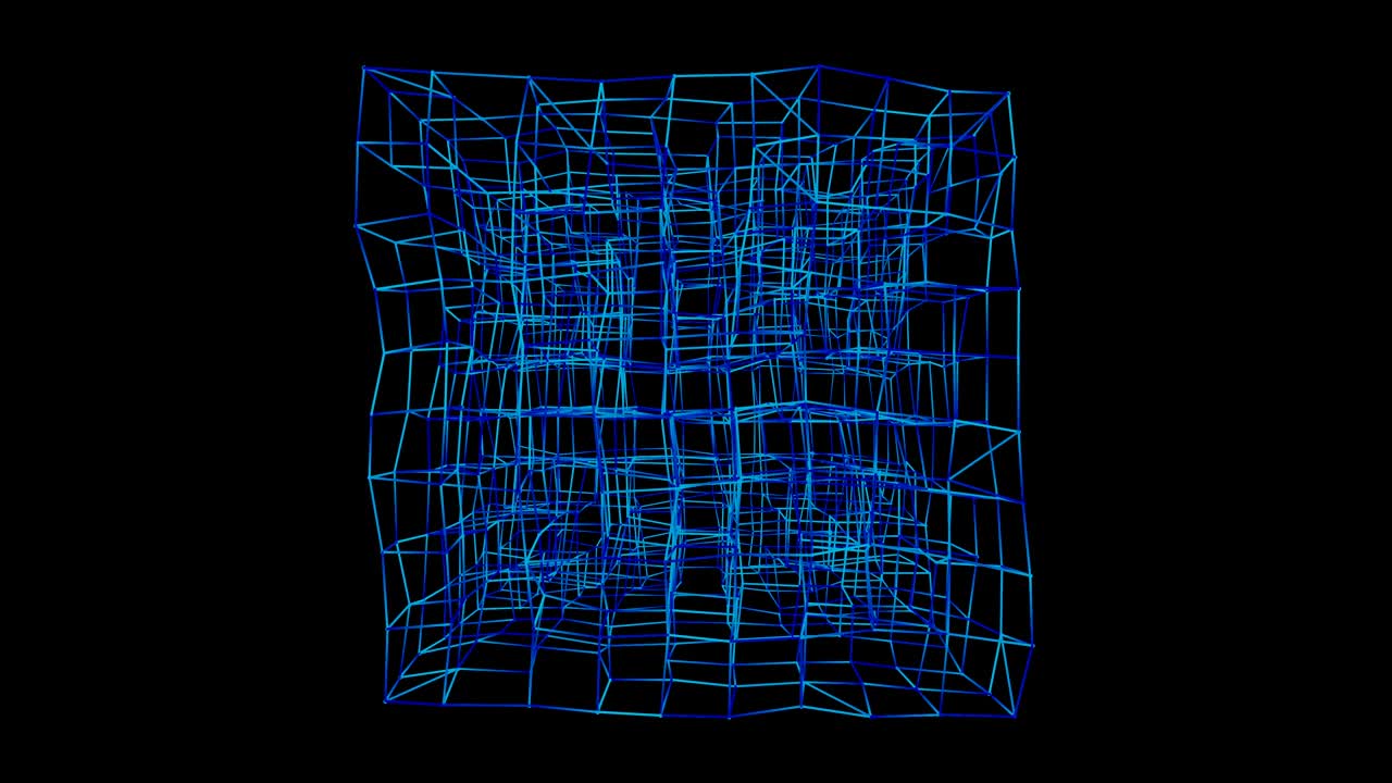 Shimmering neon square, Fractal Noise and Kaleidoscopic. Pattern made with a Particle System. Looped 3d Animation