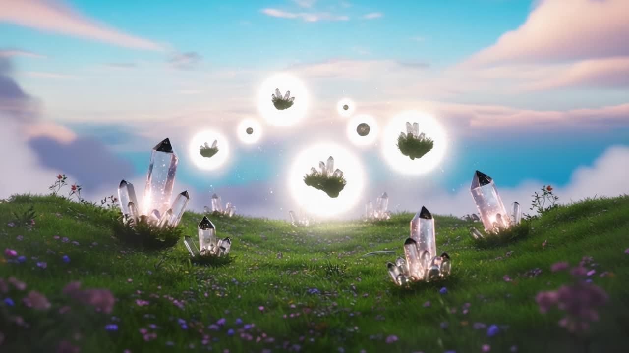 A Dreamlike Landscape of Glimmering Crystals and Floating Islands Surrounded by Mystic Light, Capturing the Essence of Enchanting Celestial Beauty