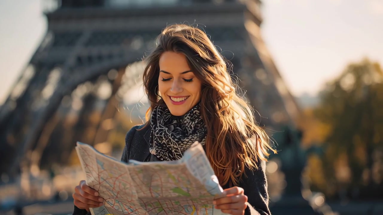 Riprese cinematografiche di una giovane donna felice che tiene e legge una mappa cartacea con la Torre Eiffel sfocata dietro di lei, Parigi, Francia, concetto di viaggio all'ora d'oro.