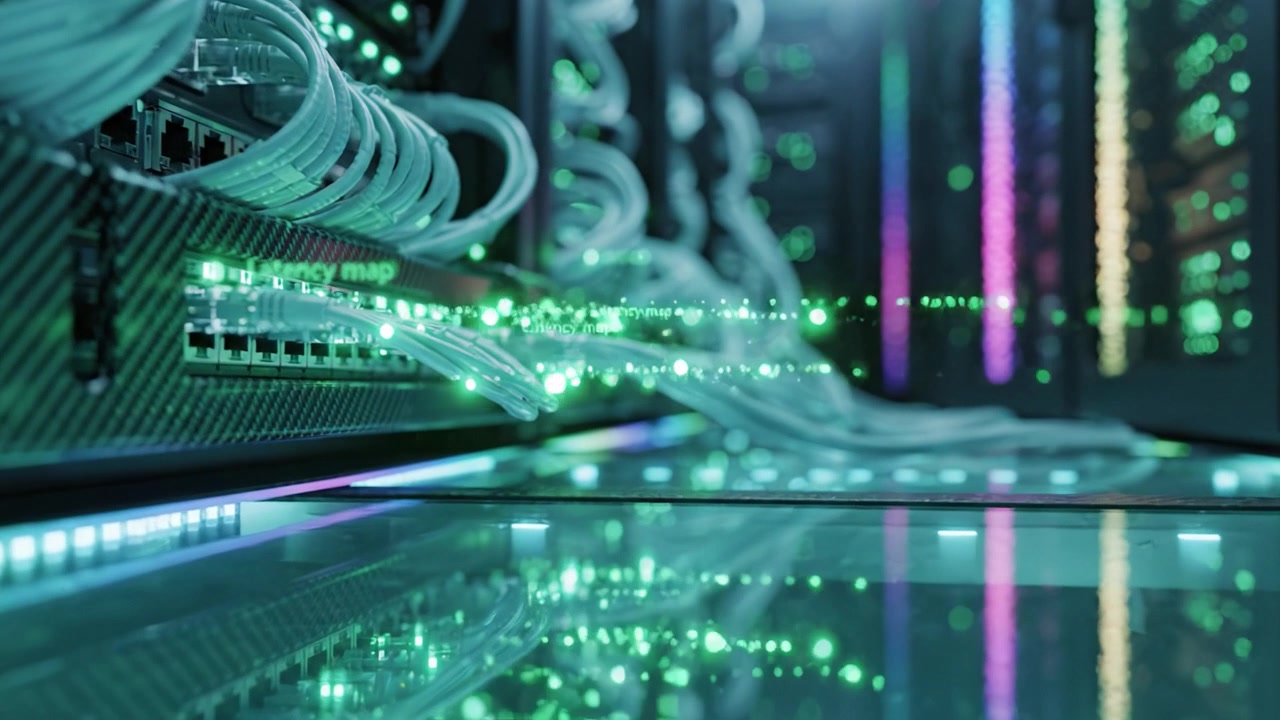 Visually Captivating Server Room with Glowing Cables and Advanced Technology: A Glimpse into the Future of Data Connectivity and Efficient Network Performance.