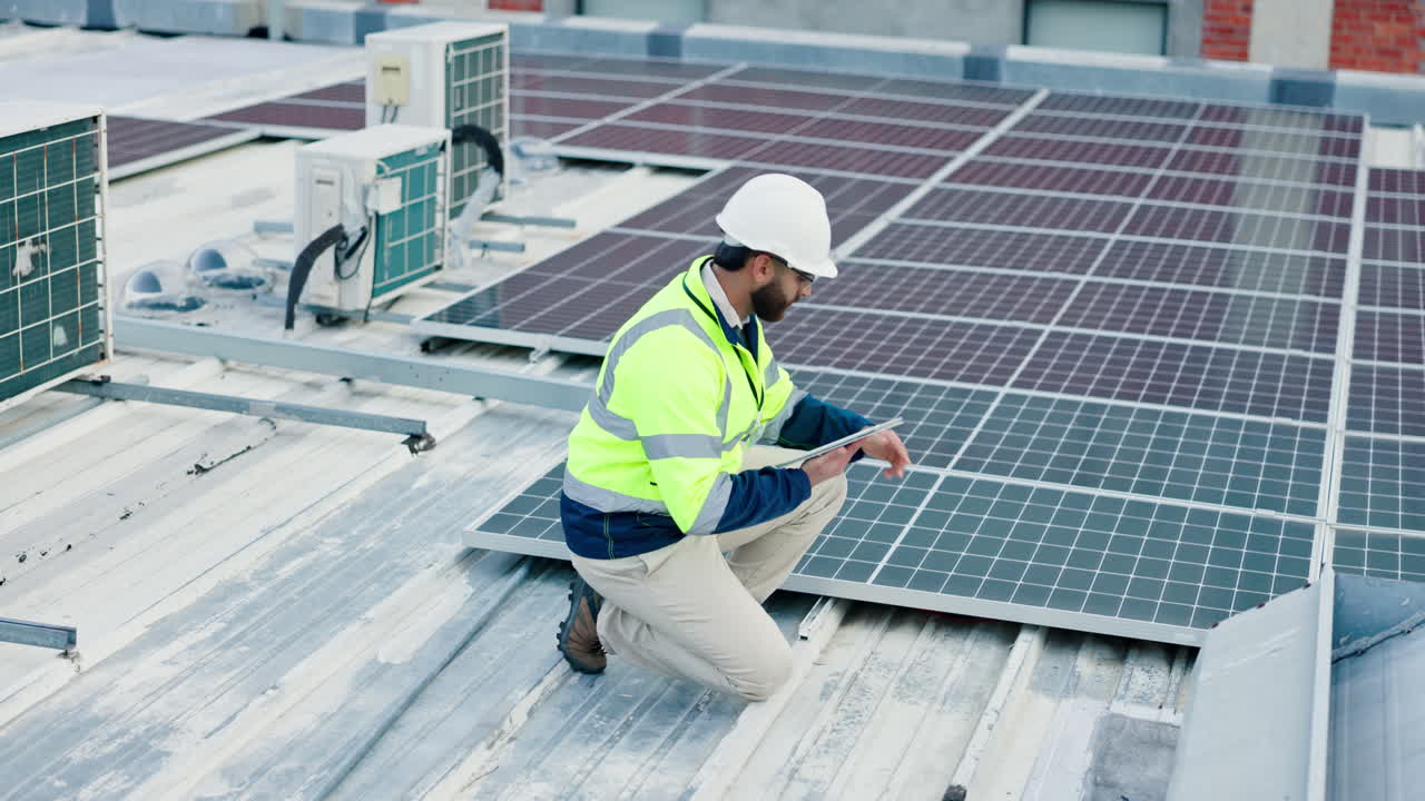 Technician Inspecting Solar Panels on a Rooftop