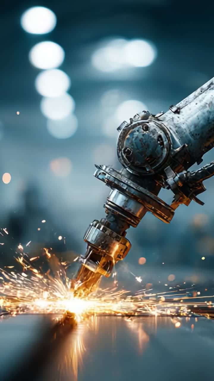 Lengan Robot Presisi Tinggi Beraksi, Menciptakan Percikan Api Saat Melakukan Proses Pemotongan dan Pengelasan Logam di Lingkungan Industri