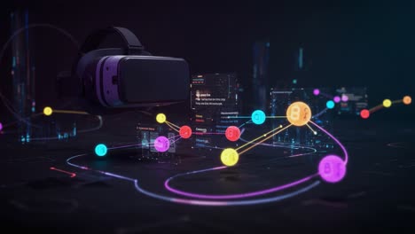 exploring the future of virtual reality: a visual journey through digital networks and blockchain technology interconnected with futuristic interfaces