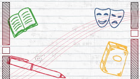 animation of school icons over ruled paper background