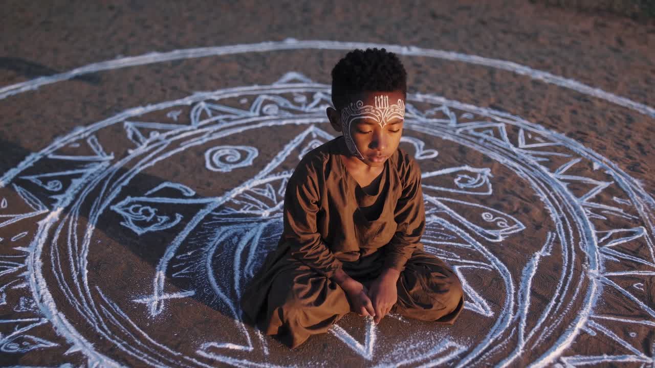Prepubescent male practicing meditation within glowing white circular symbol, embodying mystical spiritual energy and ritualistic concentration