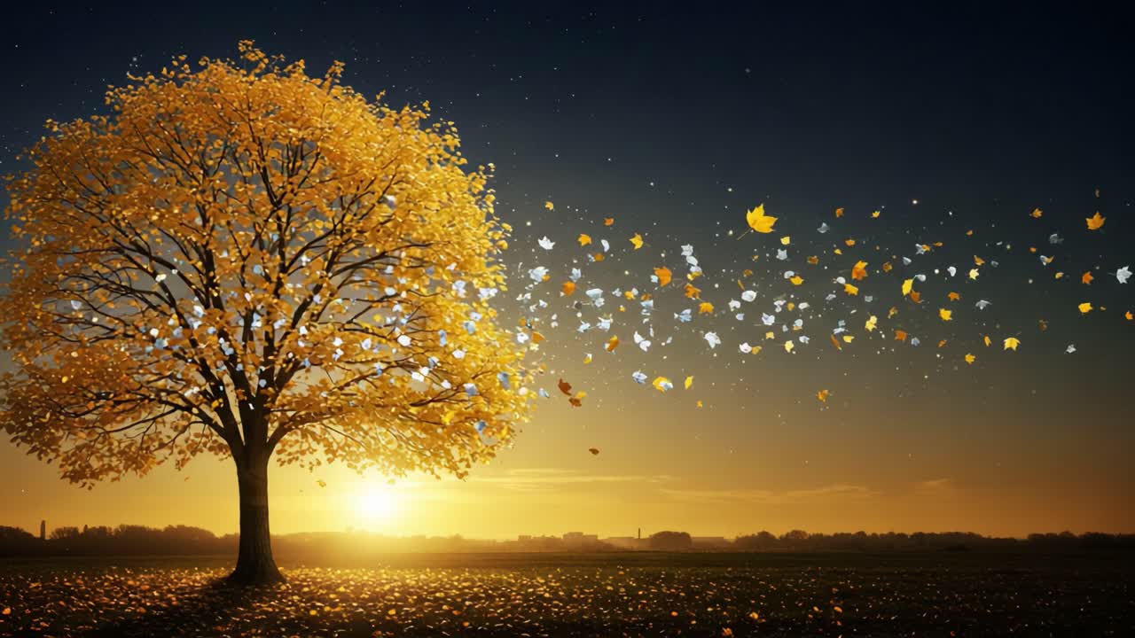 A Breath of Autumn: A Majestic Tree Surrounded by Glowing Leaves Dancing in the Breeze Under a Vibrant Sunset Sky
