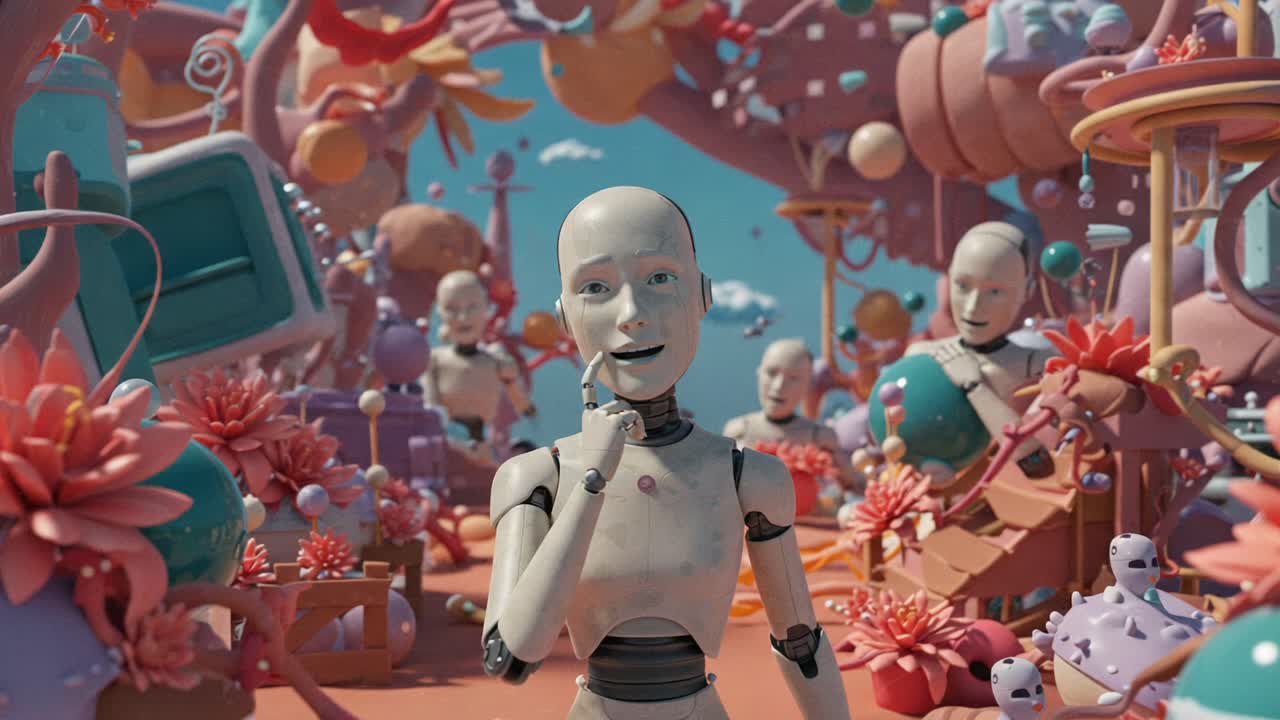 A Journey Through a Vibrant Robotic Wonderland: Exploring the Intersection of Technology and Nature with Lifelike Robots in a Colorful Landscape of Imagination