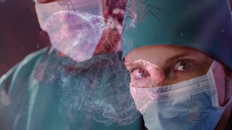 Digital-waves-and-mosquito-icons-falling-against-female-surgeon-wearing-surgical-mask-at-hospital