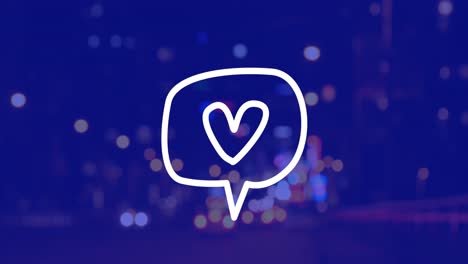 Animation-of-heart-icon-over-cityscape-at-night-on-blue-background