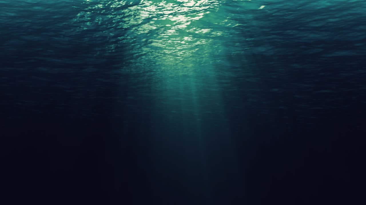 bucle sin costuras de ondas oceánicas azules y verdes profundas desde el fondo submarino, rayos de luz brillando a través
