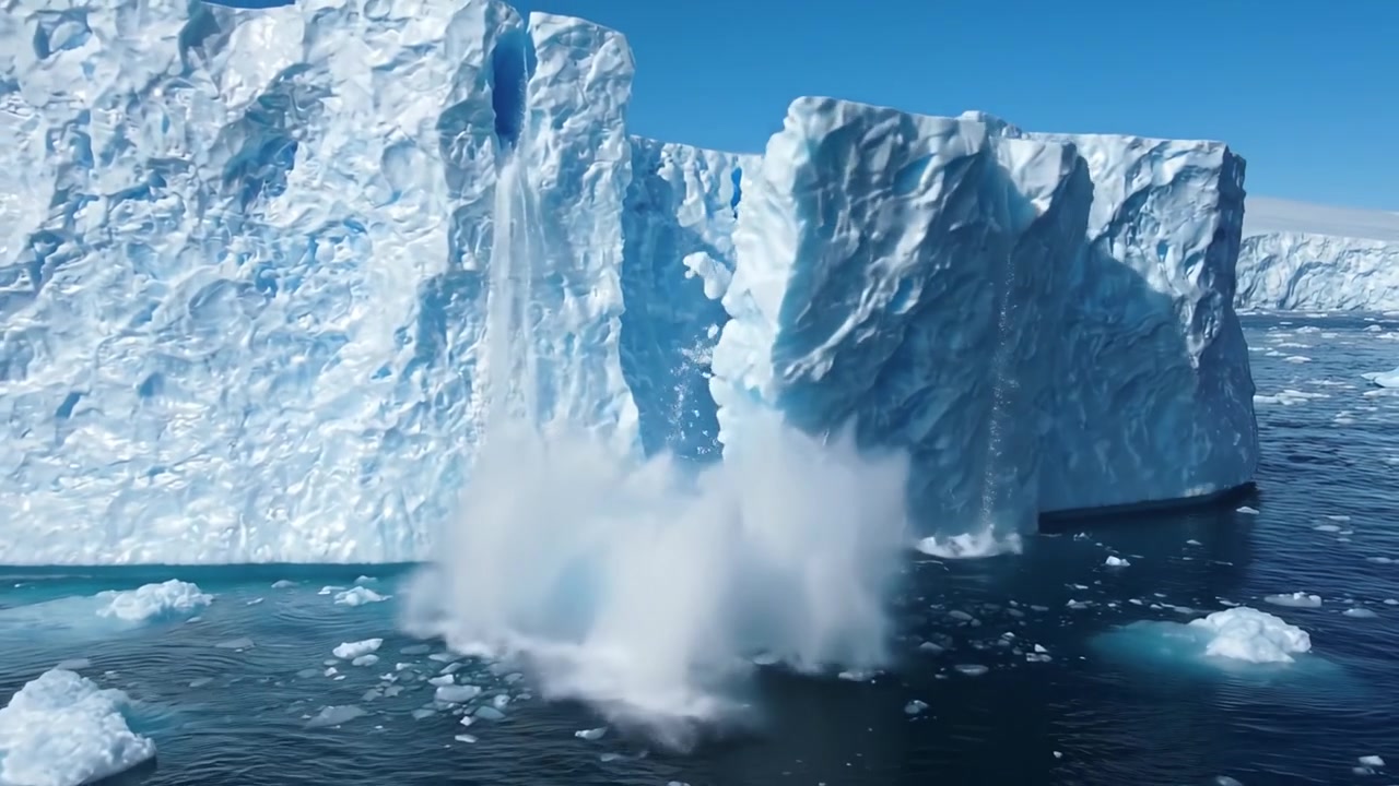 Majestätische antarktische Eisberge in Gletschergewässern: Ein fesselnder Anblick der gefrorenen Riesen der Natur, die ins Meer kalben, mit hellem blauem Himmel darüber.