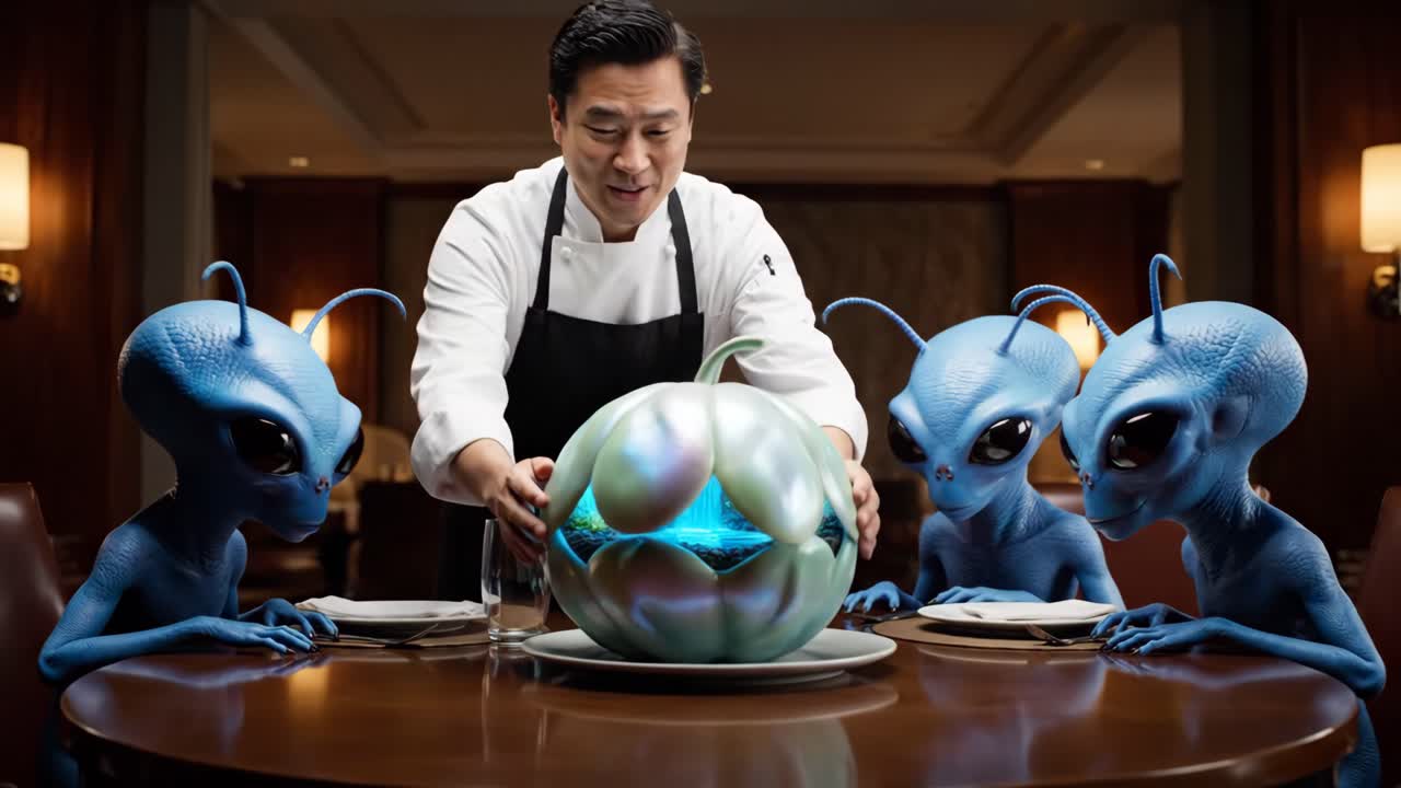 A Chef Presents a Futuristic Dessert to Alien Diners