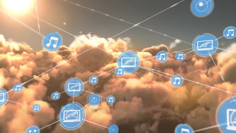 Networks-of-connections-with-icons-over-cloudy-sky