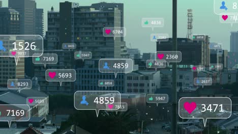 Animation-of-social-media-icons-and-data-processing-over-cityscape