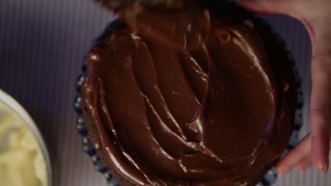 topping a cake with thick chocolate frosting - top down view