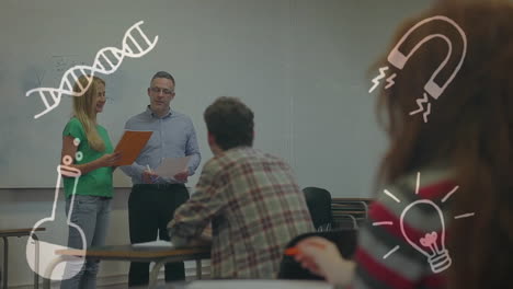 science-themed animation over students and teacher discussing in classroom