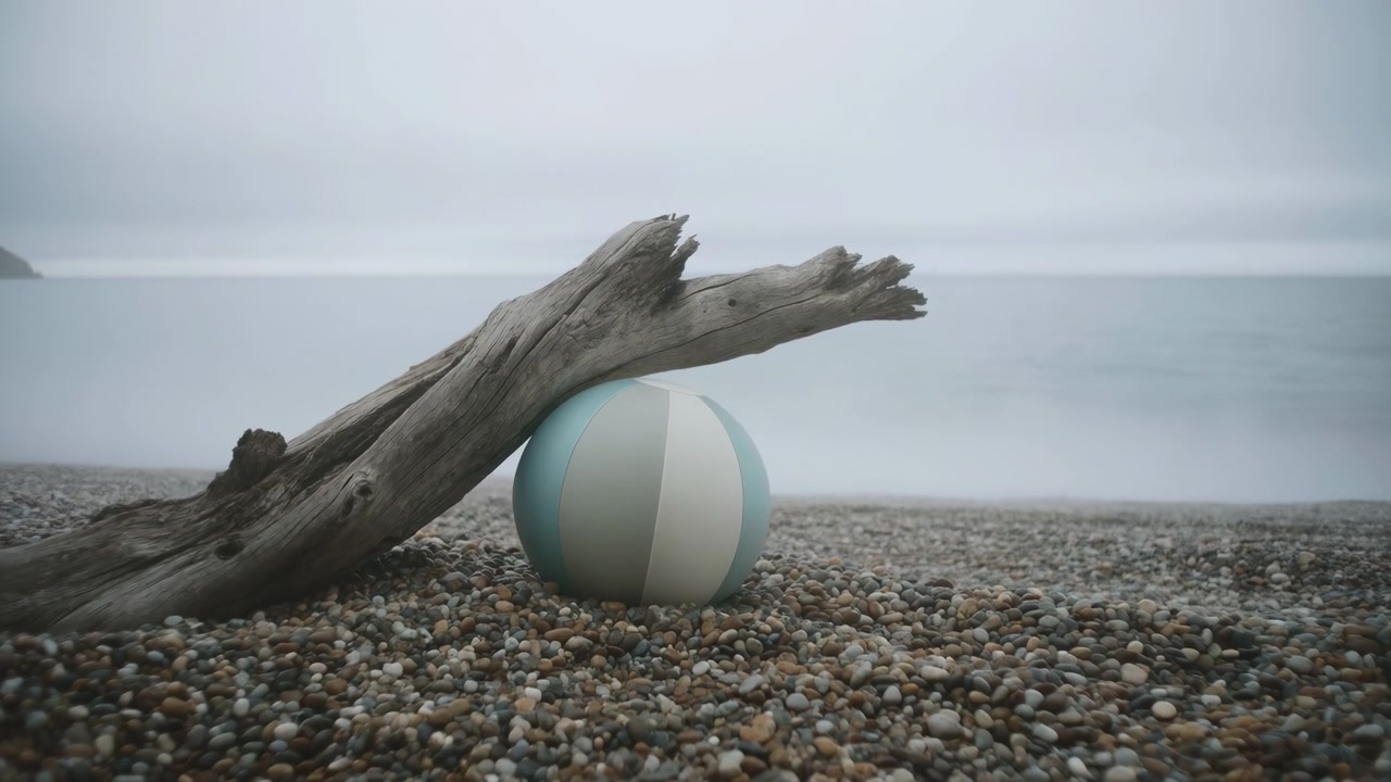 Nel fotogramma centrale di una clip costiera, un tronco di legno levigato dalle intemperie si inarca sopra una palla turchese e bianca che riposa tra piccoli ciottoli lungo una tranquilla costa marina.