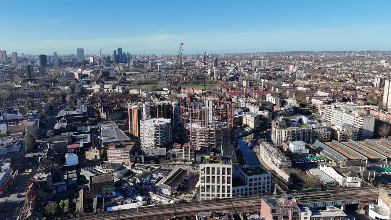 Bethnal Green old gasholder development Regents view pull back drone aerial reverse reveal