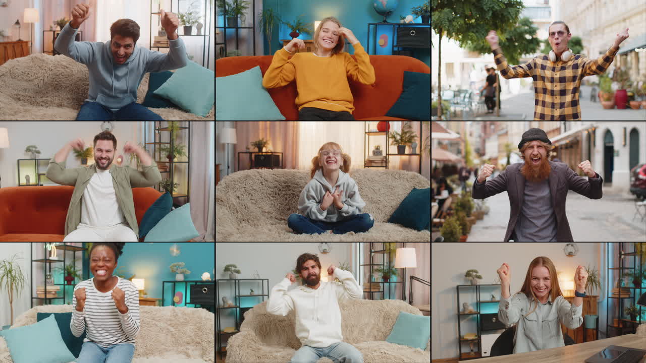 colage de personas sonrientes felices hombres mujeres celebrando el éxito juego victoria ganar buenas noticias positivas