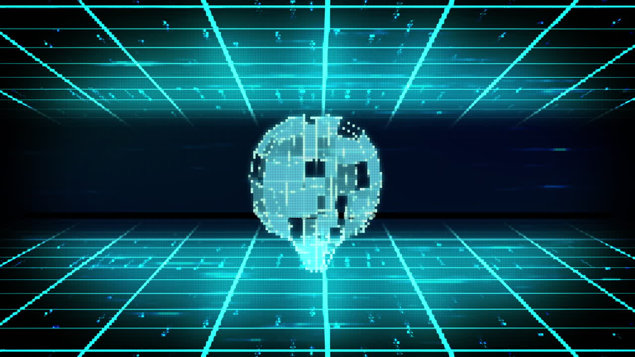 Animation of blue cuboid brain rotating over glowing blue grid and light trails on dark background