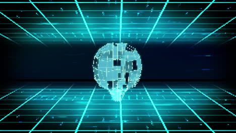animation of blue cuboid brain rotating over glowing blue grid and light trails on dark background
