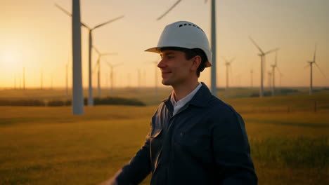 engineer at a wind farm at sunrise or sunset
