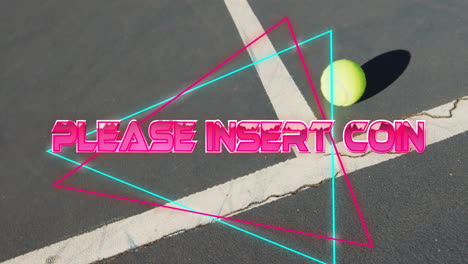 Yellow tennis ball resting on grey court crossing neon triangles under retro pink insert coin