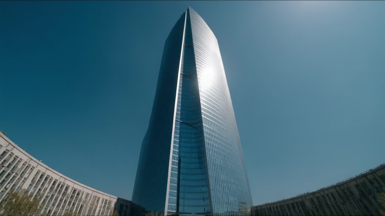 Scatto vibrante di un moderno grattacielo contro un cielo azzurro chiaro, che mette in mostra la bellezza architettonica e il design innovativo nel paesaggio urbano.