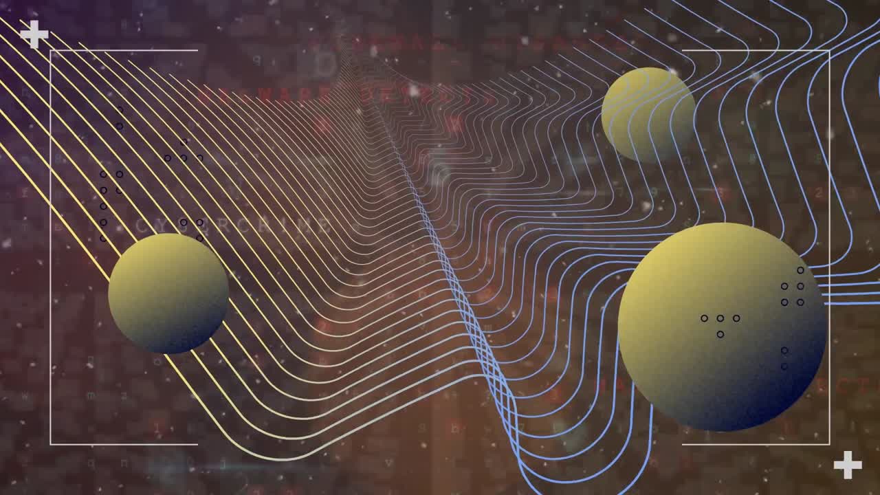 Animation of digital screen with spheres, waves and virus warning